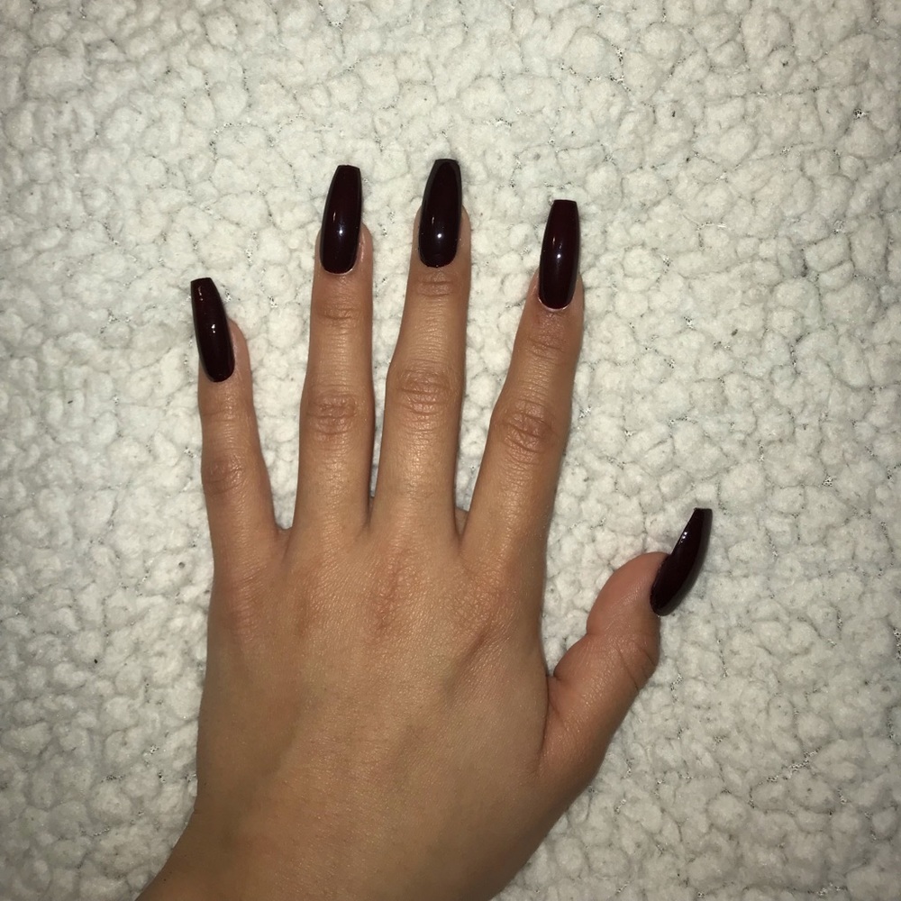 DARK WINE RED SHINY COFFIN STICK ON NAILS